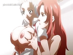 Shorthaired hentai babe boobs teased by her hot GF